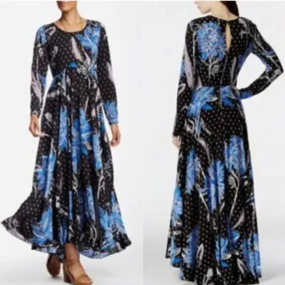 NWT Free People, Botanical Night/First Kiss, Black Blue Print Maxi Dress, Sz XS